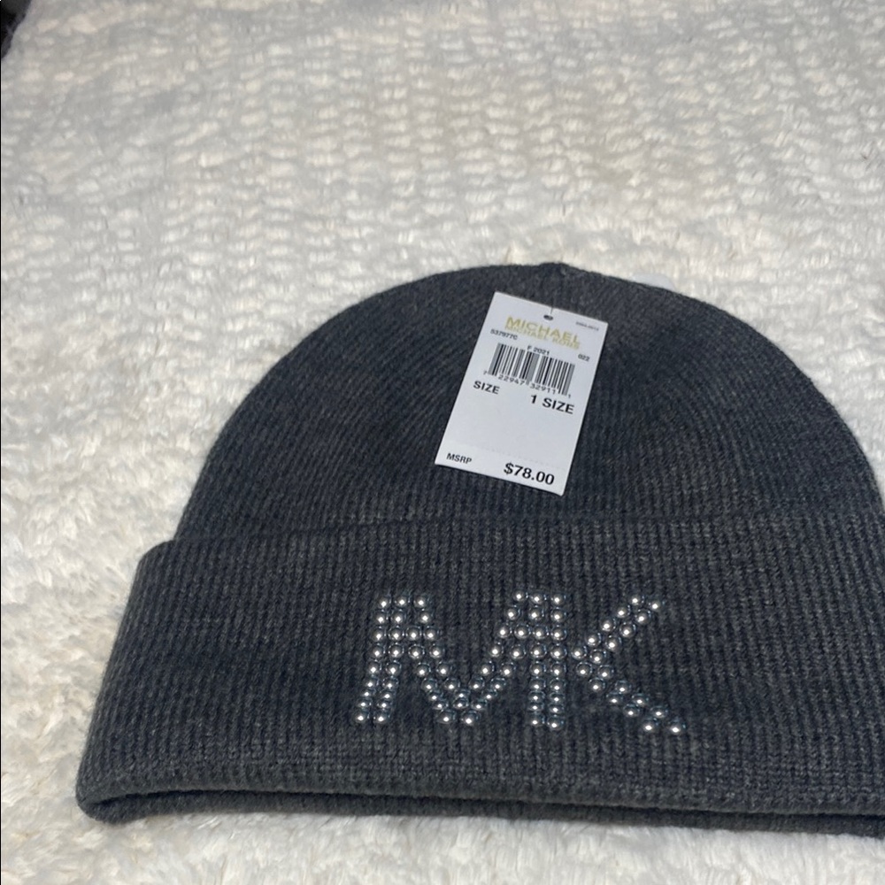 Michael Kors Gray Knit Beanie with Rhinestone Logo